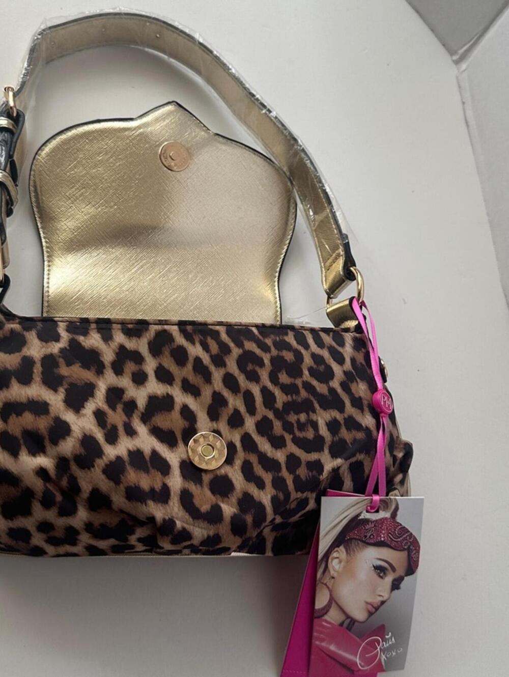 Paris Hilton New With Tags Leopard Print Gold Heart Baguette Shoulder Bag - Picture 13 of 15